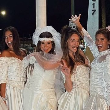 R O C K Y B A R N E S on Instagram: "Thrifted a bunch of wedding dresses for @rachelzeilic ‘s bachelorette! BEST NIGHT EVER!💒" Goodwill Wedding Dress Bachelorette, Tacky Wedding Dress Bachelorette, Thrifted Wedding Dress Bachelorette, Bachelorette Wedding Dress Party, Goodwill Dress Bachelorette Party, Op Shop Wedding, Wedding Dress Bachelorette Party, Trashy Wedding, Bachelorette Party Outfit Themes