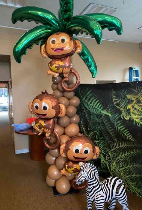 Monkey Decorations For Birthday Party, Safari Birthday Party Balloons, Monkey Birthday Decorations, Jungle Bday Party Ideas, Safari Balloon Decorations, Palm Tree Balloon, Monkey Baby Shower Ideas, Monkey Themed Birthday Party, Jungle Birthday Theme