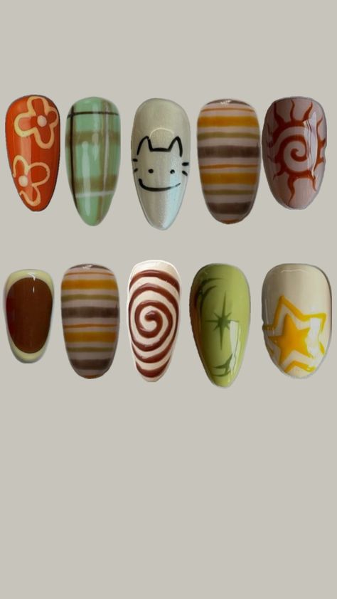 Nail Liner Design, Nail Collage Wallpaper, Simple Beginner Nail Designs, Fall Funky Nails, Easy Gel X Designs, Camping Nails Designs, Porcelain Nail Art, Earth Tone Nails, Nails Collage