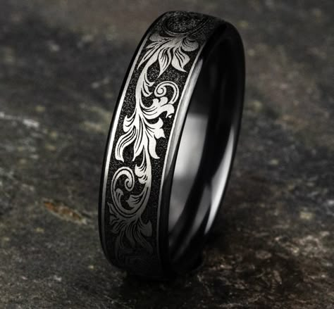 Gothic Wedding Rings, Vintage Script, Script Design, Promise Rings For Guys, Cool Rings, Black Wedding Band, Black Wedding Rings, Dark Wedding, Titanium Wedding Band