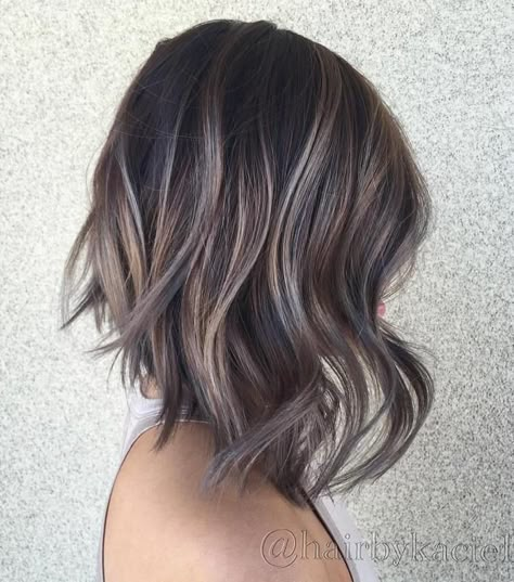 Mushroom Brown Lob With Purple Tones Ash Brown Hair Color, Blond Balayage, Ash Hair Color, Mushroom Hair, Dark Hair With Highlights, Brown Hair Balayage, Brown Balayage, Ombré Hair, Short Hair Color