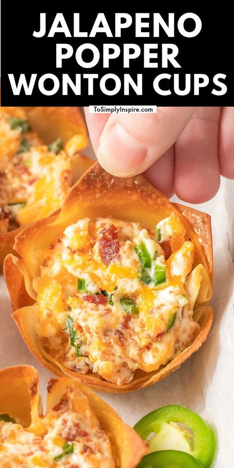 Jalapeno Wonton, Wonton Poppers, Jalapeno Popper Wontons, Wonton Cups Appetizers, Jalapeno Appetizer, Jalapeno Wonton Poppers, Wonton Appetizers, To Simply Inspire, Wonton Wrapper Recipes