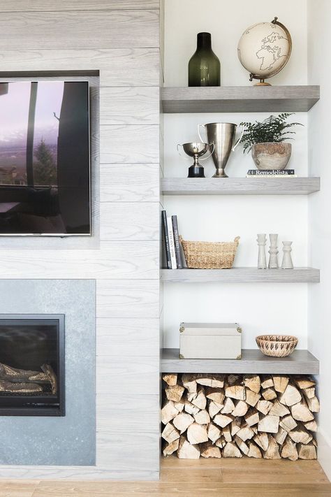 Fireplace And Shelves, Studio Mcgee Fireplace, Studio Mcgee Living Room, Living Room Built Ins, Fireplace Shelves, Fireplace Built Ins, Firewood Storage, Coastal Living Rooms, Fireplace Remodel