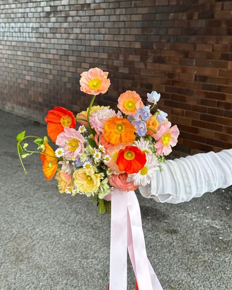 A bridal bouquet with every colour poppy? Absolutely! 💛🧡🩷❤️ California Native Flower Bouquet, Poppies And Hydrangeas, Orange Poppy Wedding Bouquet, Poppies Flower Bouquet, Wedding Bouquets Australian, Poppy Flower Wedding Bouquet, 60s Wedding Bouquet, Wedding Flowers Poppies, May Bouquet Wedding