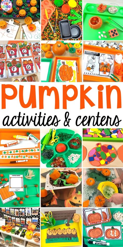 22 Pumpkin Activities for Preschool, Pre-K, & Kindergarten - Pocket of Preschool Preschool Fall Harvest Activities, Pumpkin Math Preschool, Fall Block Center Preschool, Halloween Pre K Activities, Preschool Halloween Math Activities, Fall Math Activities Preschool, Pumpkin Science Preschool, Pumpkin Art Preschool, Pumpkin Activities For Preschool