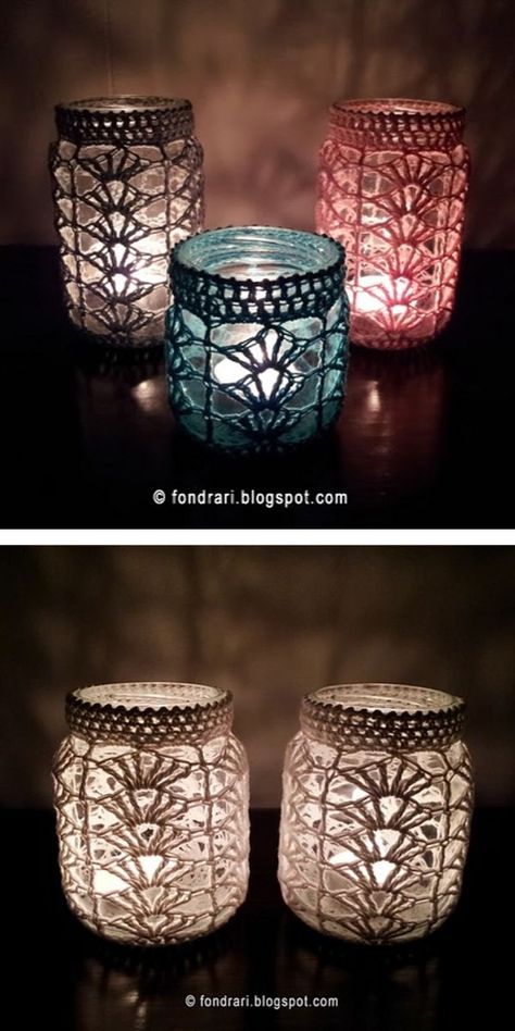 Amazing Jar Cover Free Crochet Pattern – 1001 Patterns Crochet Candle Holder Pattern, Crocheting Tutorials, Crochet Candle Holder, Wedding Crochet Patterns, Crochet Jar Covers, Crochet Candle, Crochet Garden, Crochet Decor, Crochet Wedding