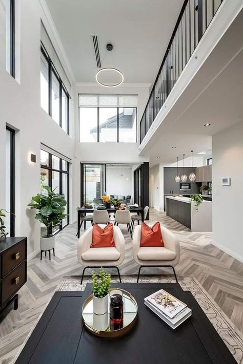 Open Plan High Ceiling, Living Room With Void Designs, Void Living Room Ideas, Double Height Apartment, High Ceiling Window Design, Double Void Living Room, Double Height Living Room Floor Plan, Home With A Lot Of Windows, House With High Ceilings Open Spaces