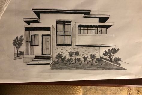 Dream House Drawing Sketch, Drawing Competition Topics, Dream House Sketch, Markers Drawing Architecture, Dream House Drawing, House Design Drawing, Interior Design Sketchbook, Metal Building Designs, Plan Architecture