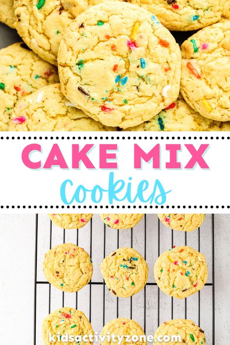 If your kids want to bake cookies it doesn't get easier than these four ingredient Cake Mix Cookies! We used yellow cake mix with sprinkles, but the mix and match options are endless. Soft, chewy cookies that are so easy to make and delicious. Fingertips Cake Mix Cookies, Egg Free Cake Mix Cookies, Cake Mix Sprinkle Cookies, Confetti Cake Cookies, Easy Kids Snacks, Yellow Cake Mix Cookies, White Cake Mix Cookies, Colorful Snacks, No Bake Eclair