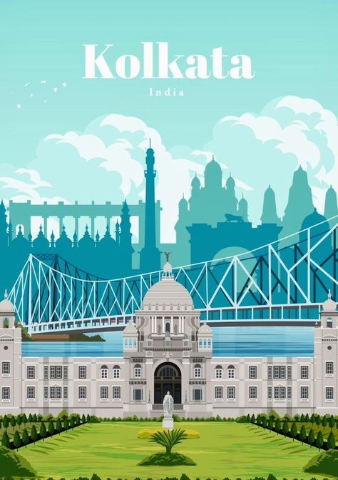 Kolkata Skyline, Events Illustration, Indian City, India Poster, Boat Illustration, Wanderlust Decor, City Artwork, Diy Travel Journal, Travel Collage