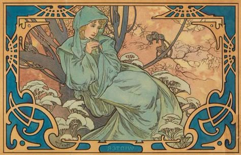 Alphonse Mucha’s allegory of winter Alphonse Mucha Winter, Alphonse Mucha Aesthetic, Winter Art Nouveau, Art Nouveau Sketch, Art Nouveau Drawing, Art Nuevo, Motifs Art Nouveau, Alphonse Mucha Art, Nouveau Illustration