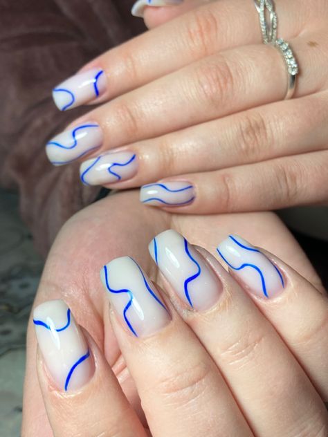 Blue And White Wavy Nails, White Nails With Blue Lines, Milk Nails With Design, Blue Nails With Lines, Blue Lines Nails, Milk Nails Design, Milk White Nails Design, Blue Line Nails, Milk Nails