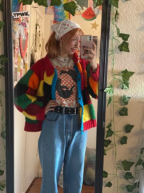 Bright Hoodie Outfit, Ruecore Outfit, Spunky Outfits Aesthetic, Gaycore Outfits, Bright Indie Outfits, Bright Maximalist Outfits, Indie Outfits Colorful, Grunge Colorful Outfit, Queer Fashion Colorful