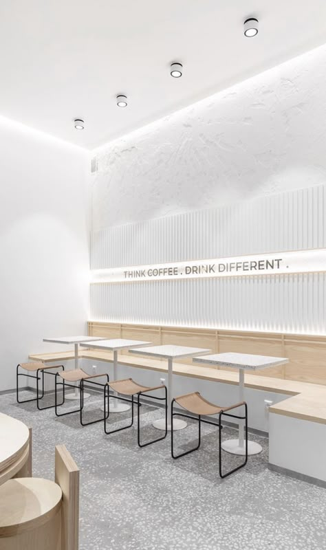 All White Restaurant, Contemporary Cafe Interior Design, White Restaurant Interior Design, Coffee Shop Painting Ideas, Minimalist Cafe Interior Design, Minimal Cafe Design, Minimalist Cafe, Minimal Cafe, Coffee Shop Architecture