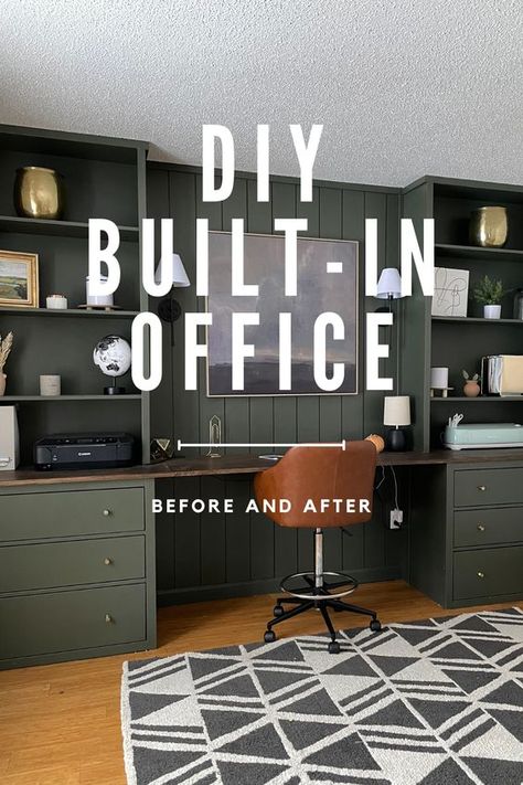 How to Create your OWN built-in office Office Built Ins Color Ideas, Home Office Diy Built In, Built Ins With Desk Around Window, Faux Built In Desk, Built In Desk In Office, Ikea Built In Hack Desk, Corner Bookshelves With Desk, Built In Desk Makeover, Built In Desk And Shelves Office Work Stations