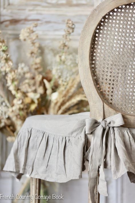 *NEW* French Cottage Collection Holiday Linen Slipcovers & Tablecloths - French Country Cottage Bread And Coffee, French Country Crafts, French Country Chairs, Faded French, French Blue And White, Ruffled Tablecloth, Linen Chair Covers, Antique Dining Chairs, Linen Dining Chairs