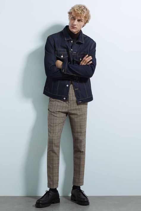 Men's Plaid Pants Outfit Inspiration: How To Wear Them In 2024 Mens Check Trousers Outfit, Brown Plaid Pants Outfit Men, Men’s Plaid Pants Outfit, Plaid Pants Men Outfit Street Styles, Checked Pants Outfit Men, Plaid Trousers Outfit Men, Tapered Pants Outfit Men, Mens Denim Jacket Outfit Street Styles, Plaid Jacket Outfit Men