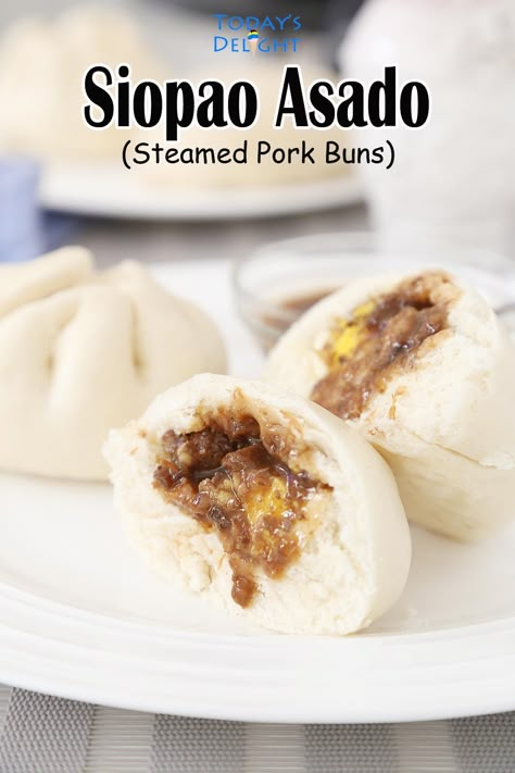 2 siopao asado and siopao sauce with 1 siopao cut in half showing pork asado filling. Pork Asado Siopao Recipe, Siopao Filling Recipe, Pork Steam Buns Recipe, Siopao Sauce Recipe, Banh Bao Recipe, Siopao Dough Recipe, Siopao Asado Recipe, Pork Asado, Siopao Recipe