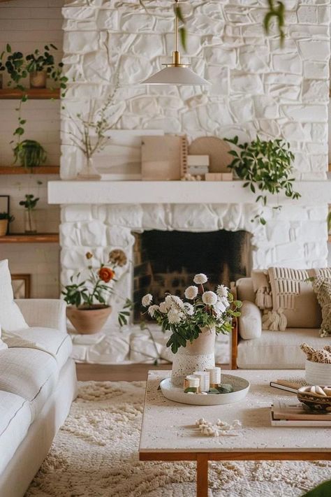 Chic White Stone Fireplace Ideas for Cozy Homes White Rock Fireplace With Mantle, Large White Stone Fireplace, White Stone Fireplace Mantle, Stone Wall And Fireplace, Split Face Stone Fireplace, White Stone Living Room, Boho Stone Fireplace, Stone Fireplace White Mantle, White Mortar Brick Fireplace