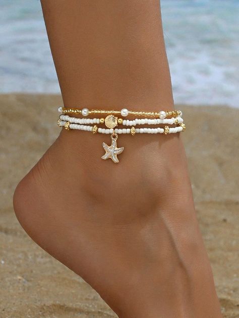 3pcs/Set Women Simple White Rice Bead/Faux Pearl Beaded Anklet With Golden Starfish & Seashell Charms, Suitable For Daily Wear And VacationI discovered amazing products on SHEIN.com, come check them out! Homemade Necklace, Tribe Jewelry, Homemade Necklaces, Seashell Bracelet, Preppy Jewelry, Beaded Anklet, Women Anklets, Rice Bead, Summer Bracelets