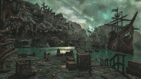 League of Legends | Bilgewater | Final Render, Manpreet Singh on ArtStation at https://www.artstation.com/artwork/OyGkyy Worldbuilding Ideas, Sunken City, Pirate Island, City Island, Dnd Campaign, Rpg Map, Scene Art, Level Design, Fantasy City