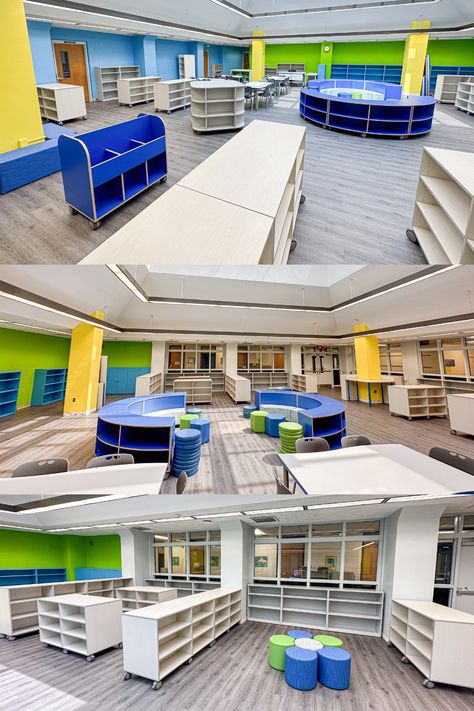 Kresson Elementary Media Center offers diverse and flexible storage and soft seating options, which allows students ownership of the space. #MiEN #schooldesign #learningspaces #learningenvironments #teachers #students #classroom #makerspace #innovation #schoolfurniture #cafeteria #design #teacherengagement #library #mediacenter Classroom Makerspace, Cafeteria Design, Space Projects, Learn Crafts, School Furniture, Soft Seating, Learning Spaces, Media Center, Learning Environments