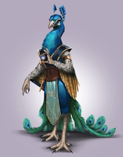 it is a Peacock Man Fantasy Peacock Art, Peacock Concept Art, Peacock Person Character Design, Peacock Aarakocra, Aarakocra Fighter, Fantasy Peacock, Bird People, Dnd Npc, Dnd Ideas