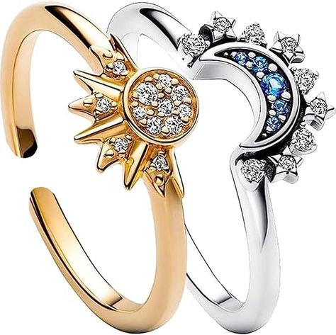 GAUEIOUR Celestial Sun and Moon Overlay Ring，Sun and Moon Shining Together Design Feeling Layered Women's Ring，Diamond Set Open Ring : Amazon.co.uk: Fashion Friendship Promise, Finger Band, Sun And Moon Rings, Sun Ring, Celestial Ring, Celestial Sun, Stackable Rings Silver, Couples Ring Set, Couple Style