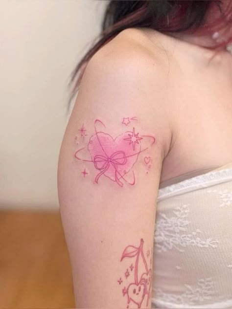 Small Bow Tattoos, Pink Bow Tattoos, Floral Back Tattoos, Sparkle Tattoo, Dainty Tattoo, Tattoo Linework, Purple Tattoos, Tattoo Fine Line, Pink Tattoo