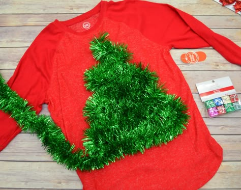 Christmas Diy Outfits, Diy Tinsel Sweater, Christmas Tree Ugly Sweater Diy, Diy Christmas Tree Sweater, Christmas Tree Shirt Ideas Diy, Easy Ugly Christmas Sweater Diy Kids, Diy Christmas Tree Outfit, Puff Paint Christmas Sweatshirt Diy, Christmas Outfit Diy