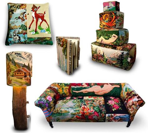 upcycled needlepoint | Needlepoint cushions and objecst by Frederich Morrel Needlepoint Cushions, Sculpture Textile, Tapestry Handbags, Tapestry Bag, Vintage Needlepoint, Vintage Tapestry, Bag Patterns To Sew, Design Guide, Needlepoint Canvases