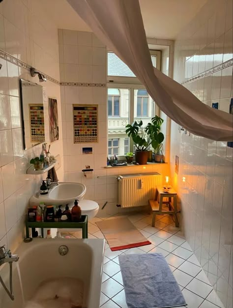 Apartment Bathroom Rug, Retro Nyc Apartment, East Village Apartment Aesthetic, European Bathroom Aesthetic, How To Style An Apartment, Dreamy Studio Apartment, Bathroom Eclectic Decor, Apartment Transformation Before After, Clean Maximalist Decor