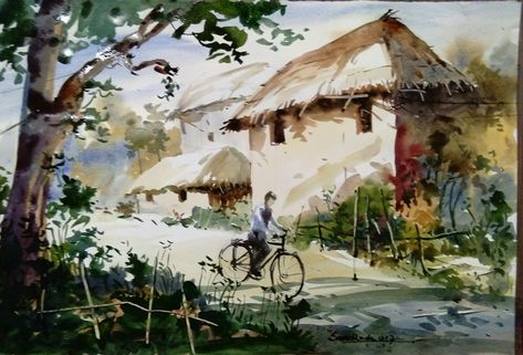 "Amar Sonar Bangla " A village which is deeply engraved in my mind and there are endless places looks similar to it in Bengal. This is just a glimpse of that lovely place where actually and factually everything is fresh, Where the plastic world is not established yet ....my painting is showcasing that pure nature. Milind Mulick Watercolors, Bangla Art, Milind Mulick, Village Scene Drawing, Color Practice, Human Painting, Watercolor Art Face, Basic Watercolor, Drawing Scenery