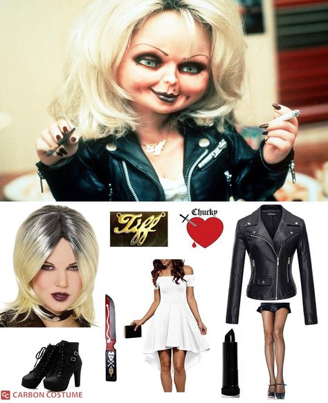 Chuck And Bride Of Chucky Costume, Chuckle And Tiffany Costume, Female Chucky Halloween Costume, Chucky’s Bride, Chuckie And Bride Costume, Diy Tiffany Costume Chucky, Halloween Costumes Horror Movies Women, Halloween Costumes Tiffany, Chuckies Bride Costume