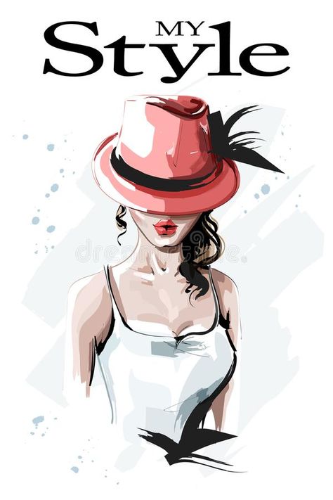 Lady Sketch, Vogue Illustrations, Hat Fashion Women, Woman With Curly Hair, Stylish Lady, Woman In Red, Elegant Girl, Woman Illustration, Illustration Fashion Design