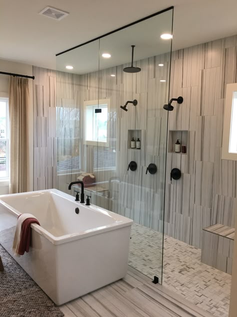 Double Shower Behind Wall, 2 Head Showers Master Bath, Bathroom Ideas Double Shower Head, Side By Side Double Shower Head Master Baths, Two Showers In One Bathroom, Shared Master And Guest Bathroom, Master Shower Two Showerheads, Multihead Shower Master Bath, Bathroom Remodel Double Shower Head