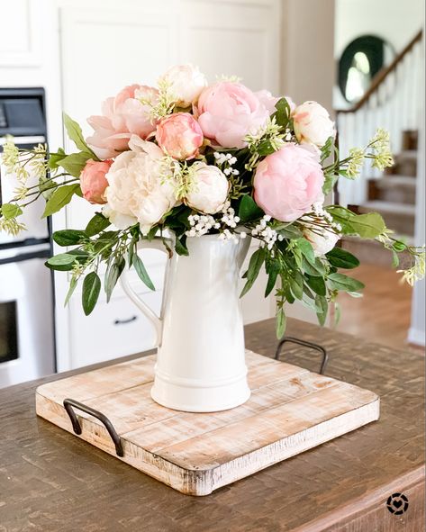 Pink Peony Arrangement, Shiplap Tutorial, Silk Peonies Arrangement, Kitchen Flower Arrangements, Peony Flower Arrangements, Kitchen Flowers, Peony Arrangement, Fake Flower Arrangements, Easter Flower Arrangements