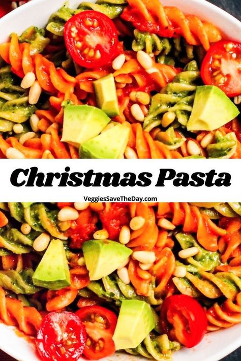 Christmas Pasta made with a combination of red and green sauces is a festive main dish you can make in 15 minutes! Save this pin for the holiday season! Green Sauces, Christmas Pasta, Green Sauce, Vegan Christmas, Delicious Vegan Recipes, Pasta Recipe, Main Dish, 15 Minutes, Holiday Spirit