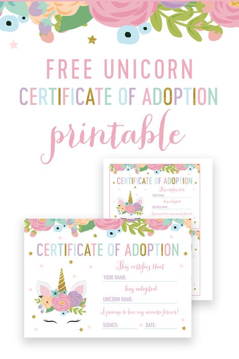 How sweet is this Free Unicorn Adoption Certificate! Combine it with our matching Free Adopt a Unicorn Sign! Unicorn Adoption Certificate Free, Unicorn Adoption Party, Free Printable Unicorn Party Decorations, Adopt A Unicorn Party Favor, Unicorn Birthday Printables, Adopt A Unicorn, Certificate Of Adoption, Unicorn Sign, Birthday Certificate