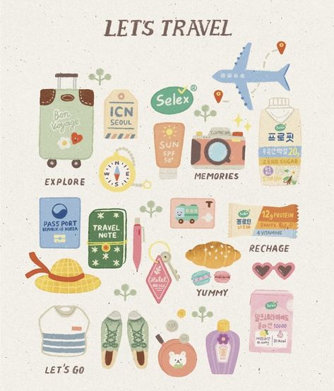 Cute Travel Drawings, Illustrated Travel Journal, Travel Illustration Design, Travel Art Drawing, Traveling Illustration, Travelling Illustration, 2025 Illustration, Scrapbook Illustration, Goodnotes Ideas