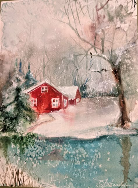 Trees Watercolor Painting, Sweden Winter, Winter Landscape Art, Sweden Christmas, Trees Watercolor, Snow Trees, Tree Watercolor Painting, Sweden House, Winter Landscape Painting