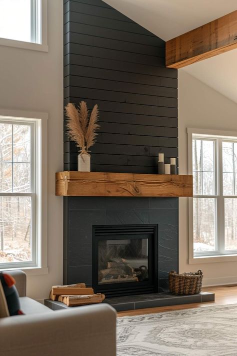 Fireplace Wood Paneling Wall, Black Wood Ceiling Living Room, Black Slate Fireplace, Tv Wall With Fireplace, Black Shiplap Fireplace, Shiplap Fireplace Ideas, Tiled Fireplace Wall, Cedar Shiplap, Black Shiplap