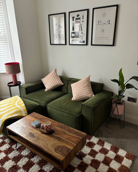 Home 🏡♥️ Locker gifted from @roseandgreyinteriors ✨ Living Room Inspo Green Sofa, Green Couch Studio Apartment, Living Room Inspiration Carpet, Living Room Inspo Green Couch, Green Sofa Apartment, How To Style Green Sofa, Green Sofa Lounge, Green Interior House, Green Sofa Rug