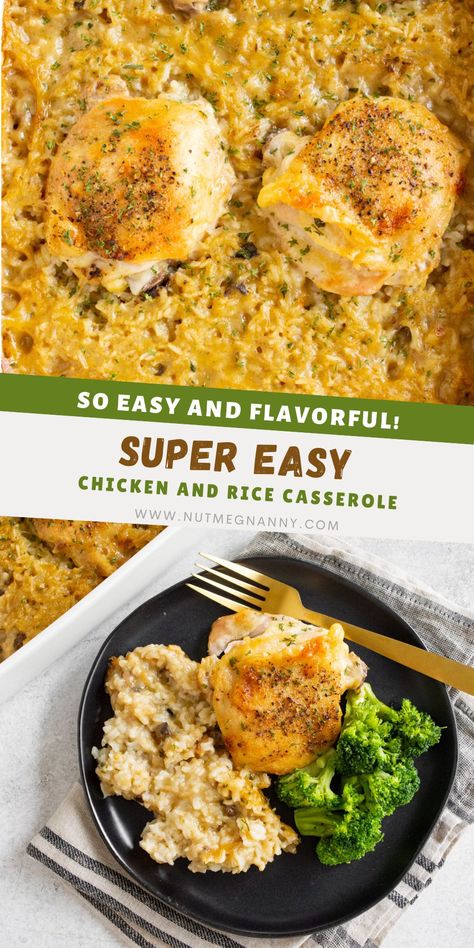 Chicken Thigh And Rice Casserole Recipes Cream Of Mushroom, Chicken Rice And Cheese Casserole, Chicken Thigh And Rice, Chicken Thigh And Rice Recipe, Easy Chicken And Rice Casserole, Instant Rice Recipes, Chicken Thigh Casserole, Best Casserole Recipes, Rice Meals