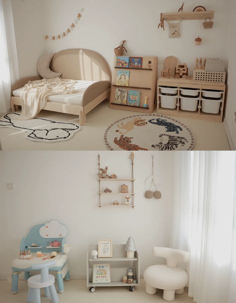 Small Toddler Bedroom Montessori, Montessori Style Nursery, Small Room Montessori, Montessori Bed In Parents Room, Modern Montessori Bedroom, Infants Room Ideas, Newborn Montessori Room, Minimalist Montessori Bedroom, Small Montessori Nursery