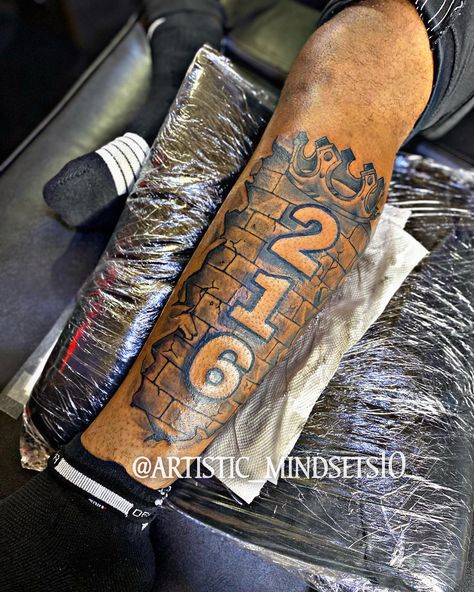 Brick Tattoo For Men Arm, Brick Tattoos Ideas, Area Code Tattoo Ideas, Brick By Brick Tattoo, Half Sleeve Leg Tattoo Men, Memphis Tattoo Ideas, California Tattoo Men, Brick Tattoo For Men, Street Tattoo Ideas