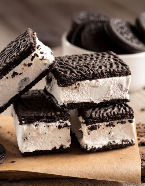 Creamy Oreo Ice Cream Sandwiches Recipe For Warmer Months Ice Cream Cookie Sandwich Recipe, Oreo Ice Cream Sandwich, Tasty Ice Cream, Ice Cream Sandwiches Recipe, Ice Cream Mix, Oreo Ice Cream, Ice Cream Cookie Sandwich, Wolf Stuff, Oreo Crust