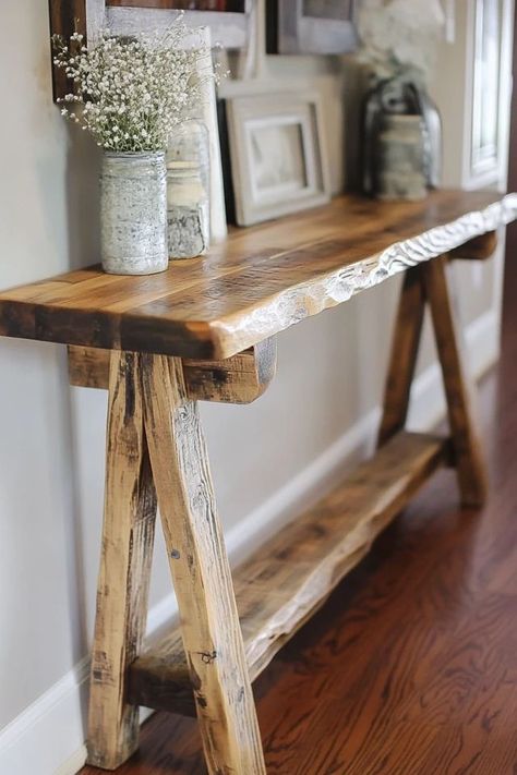 "Transform your entryway or living room with a DIY Farmhouse Console Table! 🛠️🪑 Perfect for a warm, inviting space. #FarmhouseConsoleTable #RusticDIY #HomeMakeover" Diy Console Table Entryway, Rustic Farmhouse Entryway, Console Table Rustic, Farmhouse Entry Table, Farmhouse Sofa Table, Farmhouse Entryway Table, Rustic Sofa Tables, Rustic Entryway Table, Diy Outdoor Seating