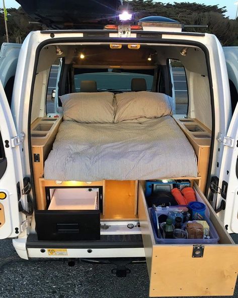 Perfect for a van life adventure travel. #vanlife. There are cheap build ideas for a tiny space. Storage hacks. Love the tiny kitchen and bathroom. Amazing Ford Transit Connect camper van conversion! Love the layout of this small, compact DIY campervan. Vanlife Small Van, Van Life Cheap, Van Build Storage, Tiny Van Conversion Ideas Layout, Small Van Build Layout, Camper Van Storage Ideas Small Spaces, Small Van Camper Conversion, Cheap Camper Van Conversion, Van Into Camper Ideas