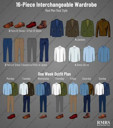 Antonio Centeno (RMRS) on Instagram: “256 outfits from just 16 pieces of clothing. A new outfit every day for 8 months? It is possible IF you focus on interchangeabilityin your…” Business Casual Men Work, Interchangeable Wardrobe, Business Casual Attire For Men, Mens Work Outfits, Men's Business Outfits, Blazer Outfits Men, Mens Business Casual Outfits, Smart Casual Work Outfit, Mens Office